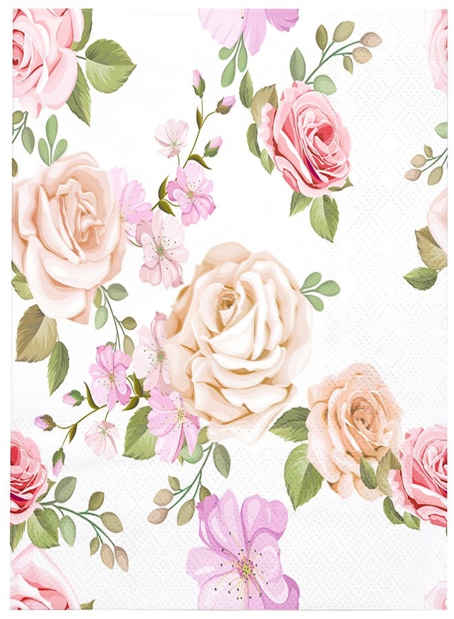 WRAPAHOLIC 50Pcs Pink Floral Cocktail Napkins - 3-Ply Pink Rose and Blossom Disposable Paper Napkins for Wedding Party Tableware Party Supplies - 5 x 5 In - Image 1
